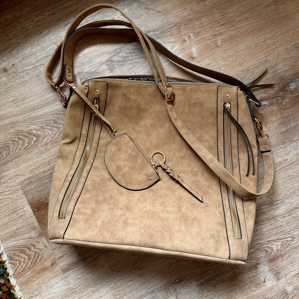 Target Laptop Bag Brand New VR NYC Multi Zip Messenger Shoulder Bag Tan
